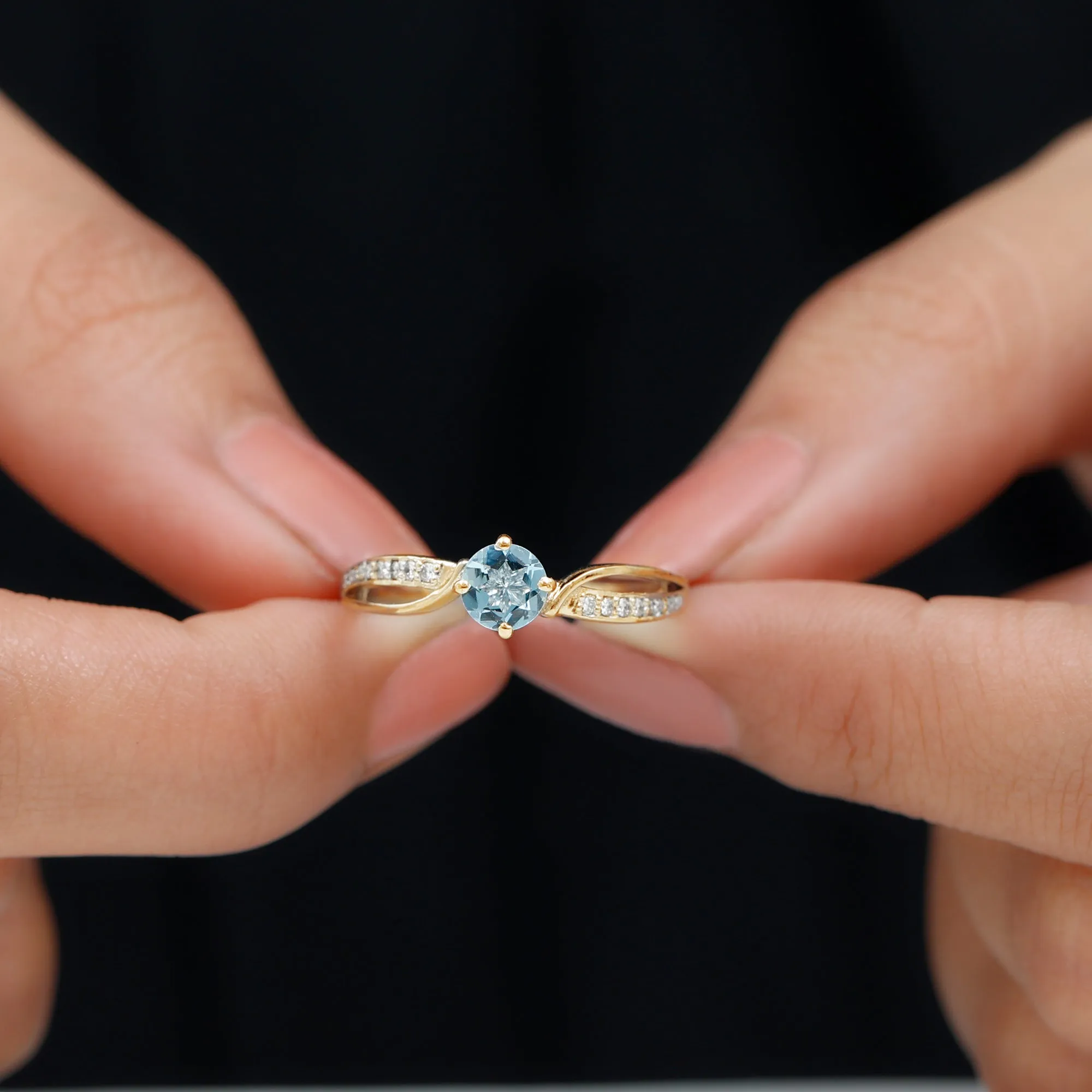 1/2 CT Two Tone Solitaire Infinity Ring with Aquamarine and Diamond