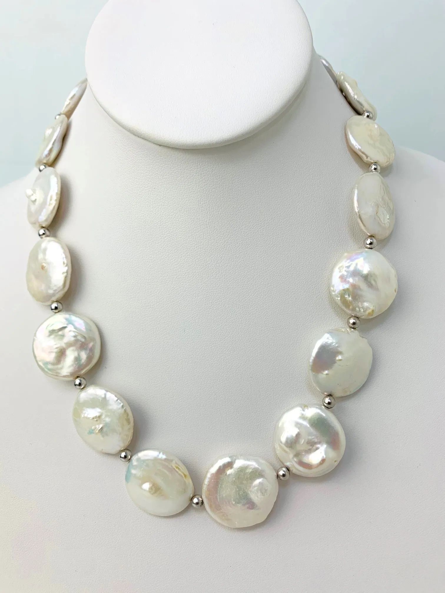 20" Large Freshwater Coin Pearl Necklace With Silver Beads And Clasp in SS - NCK-206-CRDPRLSS-WH-20