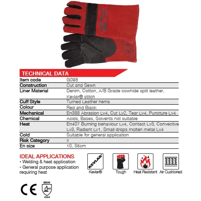 350mm 14'' Heat resistant air cushioned double layer Kevlar leather welding gloves Burn-Lv4