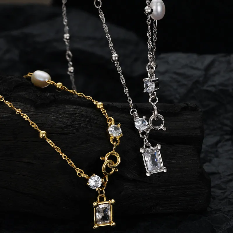 925 Silver Square Pendant Pearl Necklace