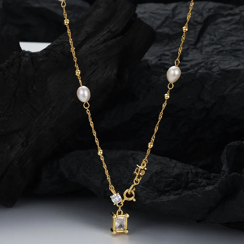 925 Silver Square Pendant Pearl Necklace