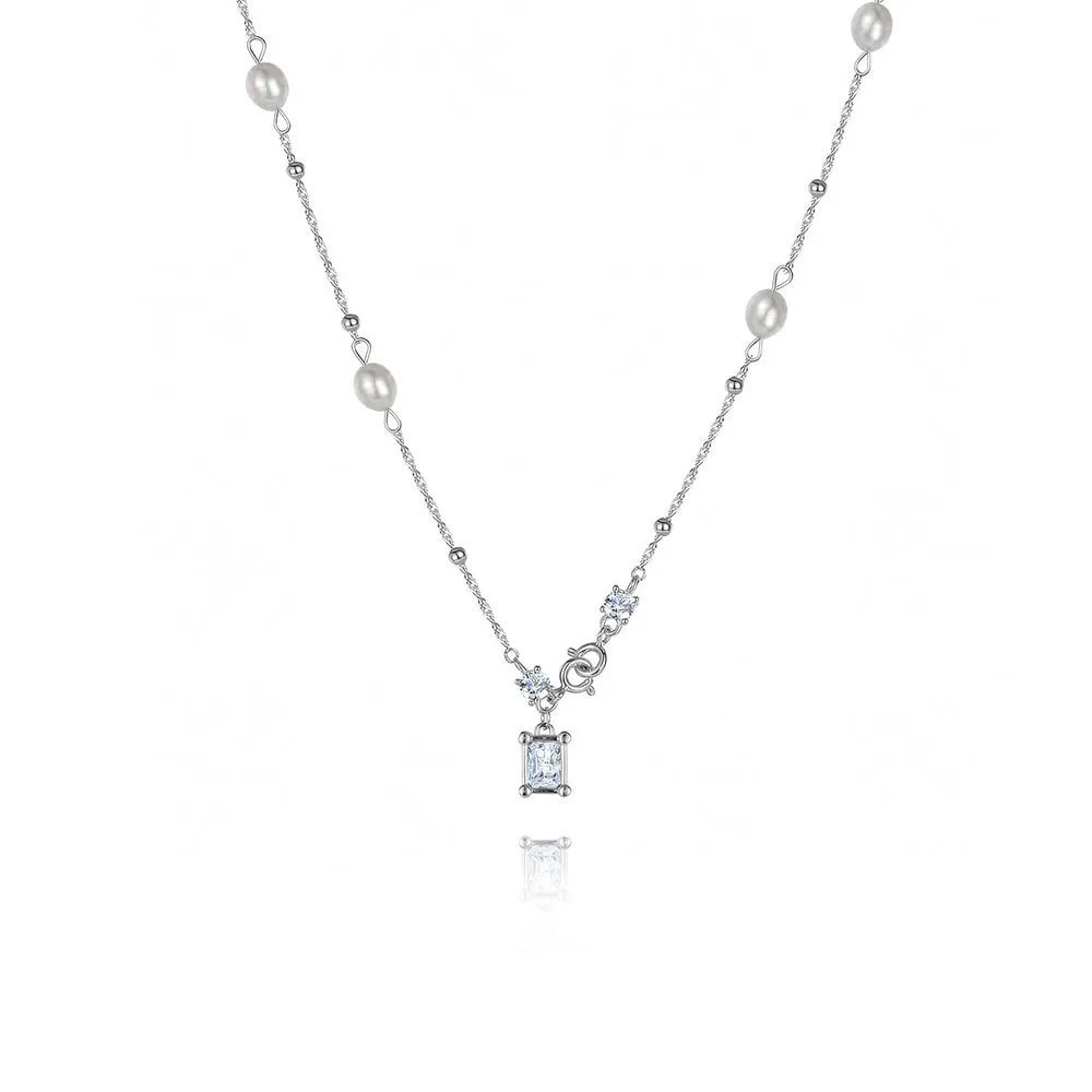 925 Silver Square Pendant Pearl Necklace