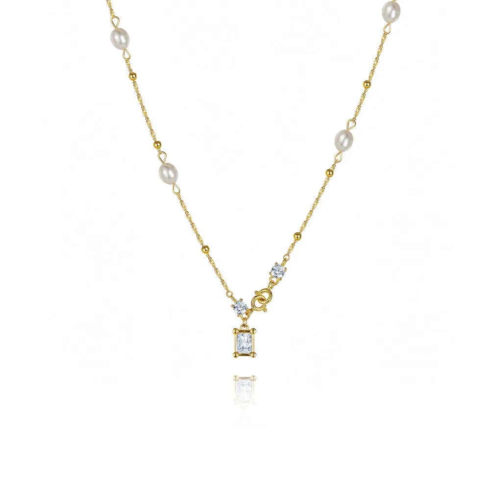 925 Silver Square Pendant Pearl Necklace