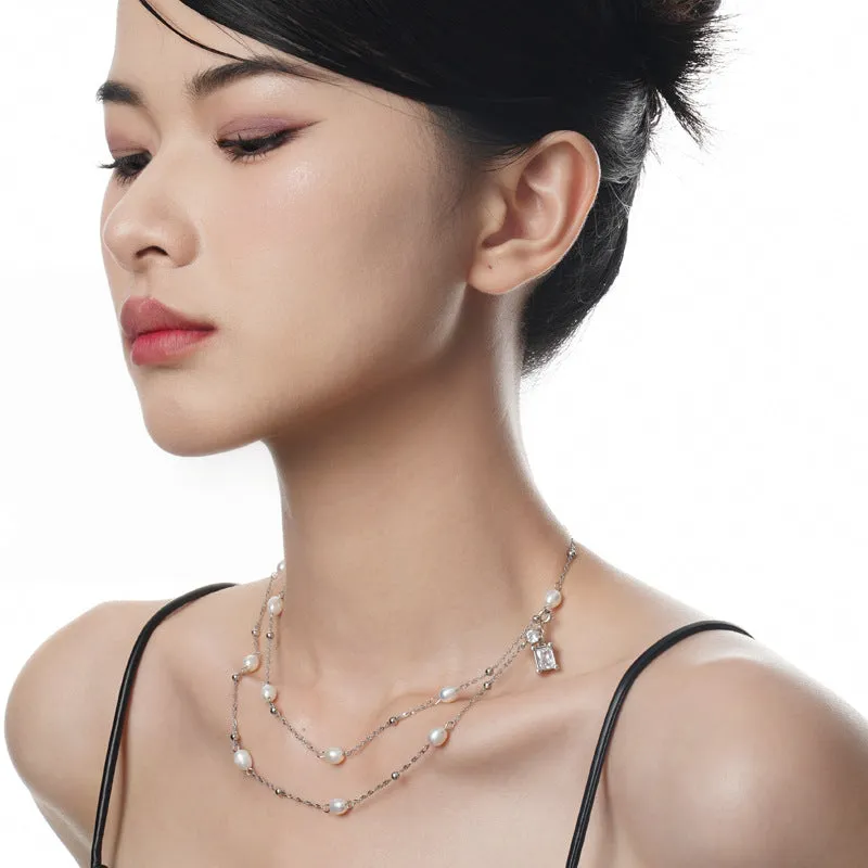 925 Silver Square Pendant Pearl Necklace