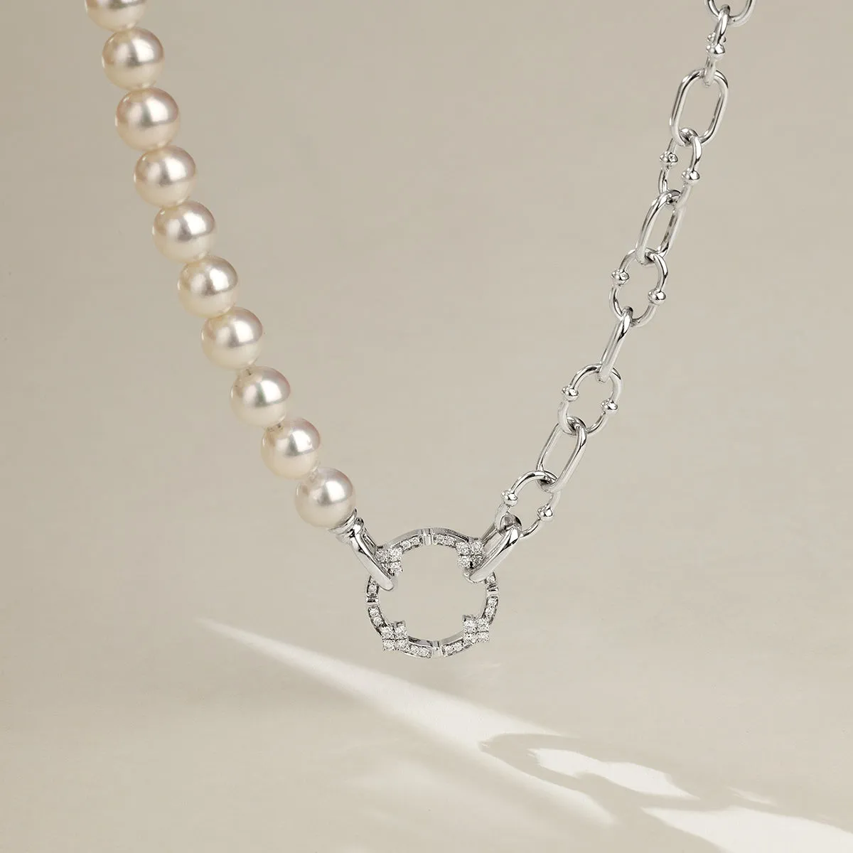 Akoya Pearl Strand 18K Gold Diamond Half Chain Half Pearl Necklace