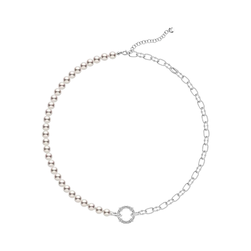 Akoya Pearl Strand 18K Gold Diamond Half Chain Half Pearl Necklace