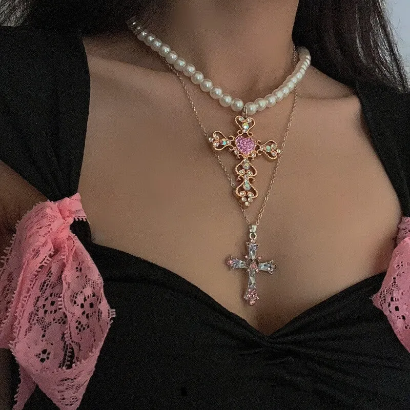 Cross diamond pearl necklace