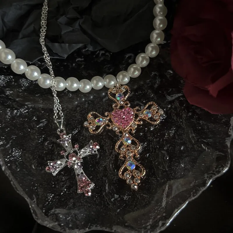 Cross diamond pearl necklace