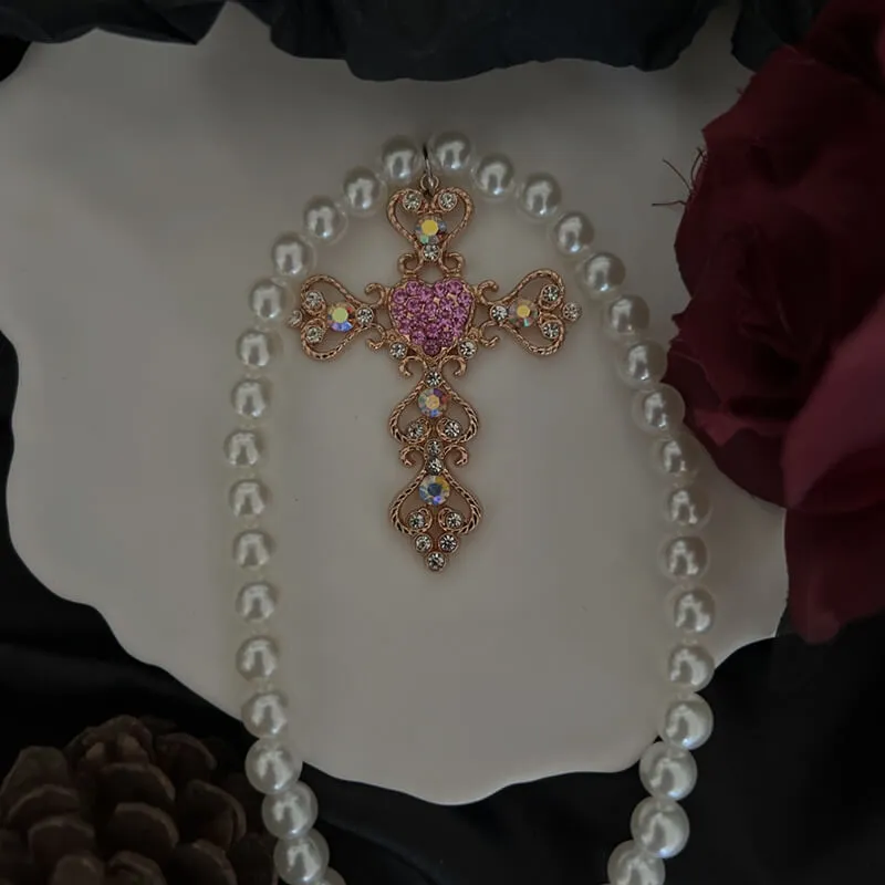 Cross diamond pearl necklace