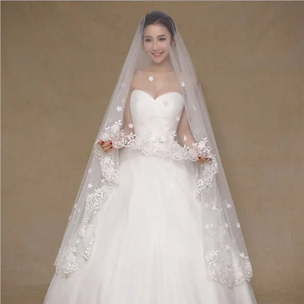 Elegant Tulle Appliqued Long Wedding Veil WV013
