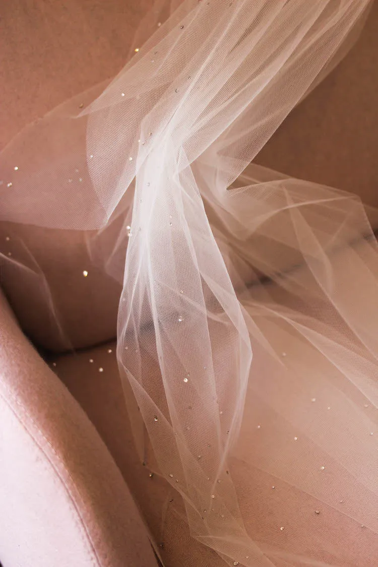 Fingertip Length Wedding Veil with Scattered Crystals, Rhinestone Bridal Veil