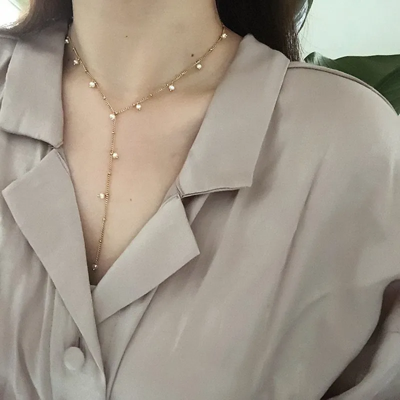 Fresh Water Pearl Necklace, Wedding Pearl Necklace, 18K Gold Color Pearl Necklace, Y Lariat Pearl Necklace, Wedding Dainty Pearl Necklace,