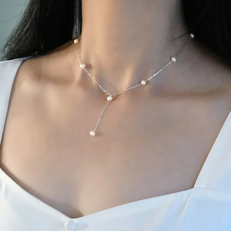 Freshwater Pearls Necklace, Wedding Pearl Necklace, S925 Sterling Silver Necklace, Y Lariat Pearl Necklace, Dainty Natural Pearl Necklace