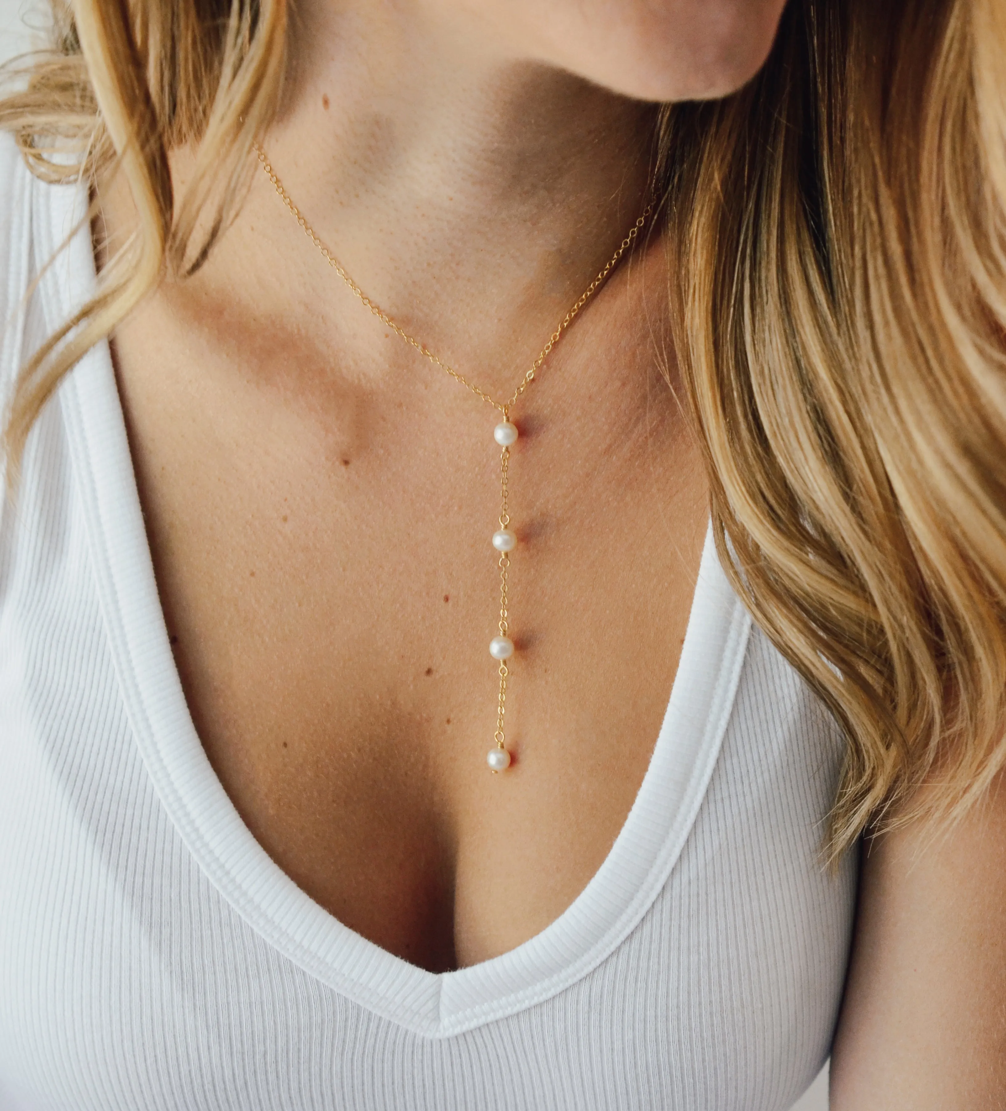 Long White Freshwater Pearl Y Necklace, Gold Filled or Sterling Silver