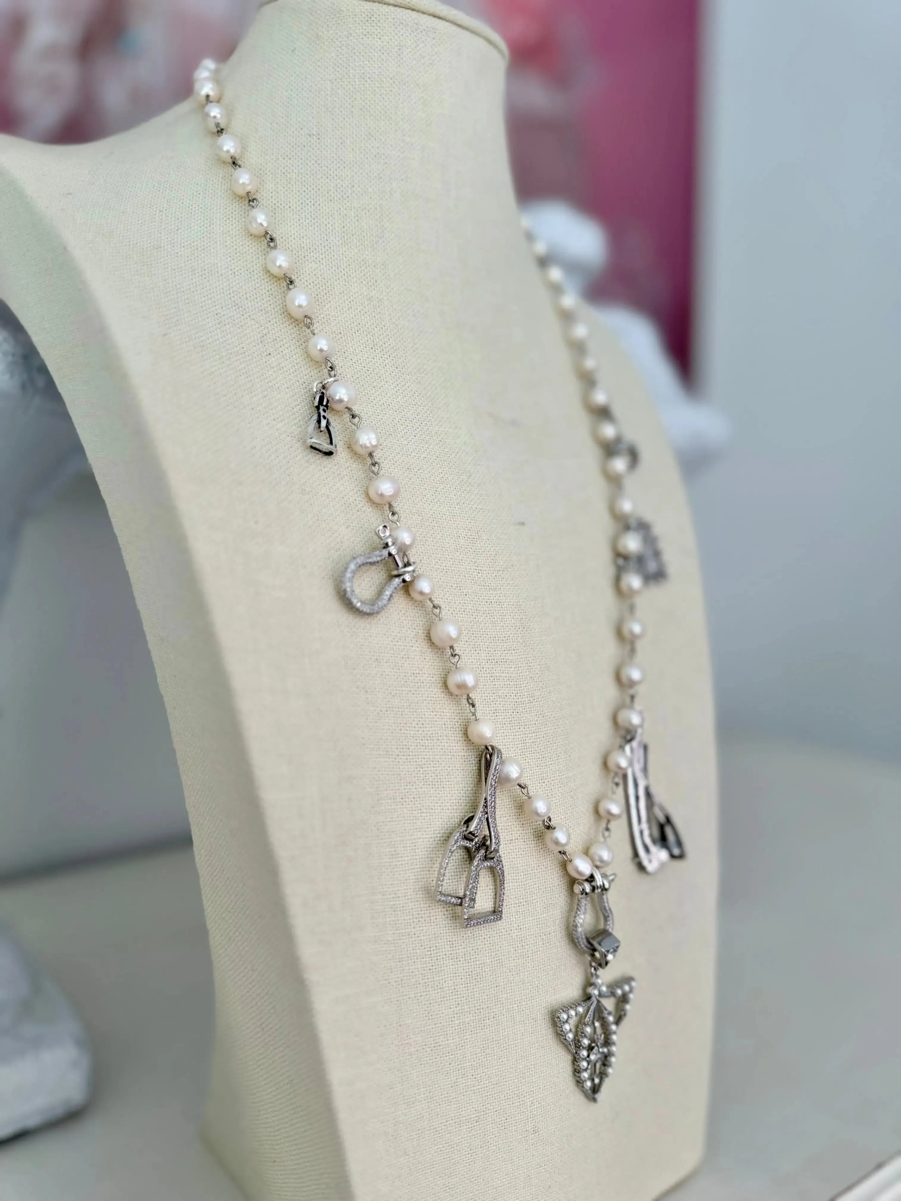 Paris Texas 7 Charm Pearl Necklace - Long Silver