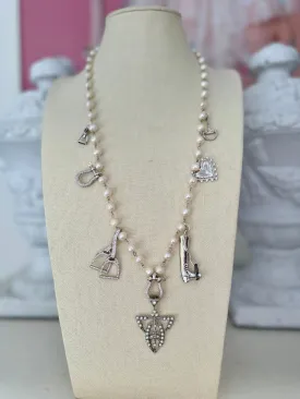 Paris Texas 7 Charm Pearl Necklace - Long Silver