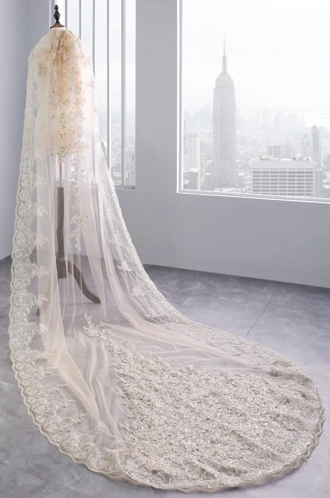 "Darya" - Lace Edge Cathedral Bridal Veil - Available in Champagne, White and Ivory
