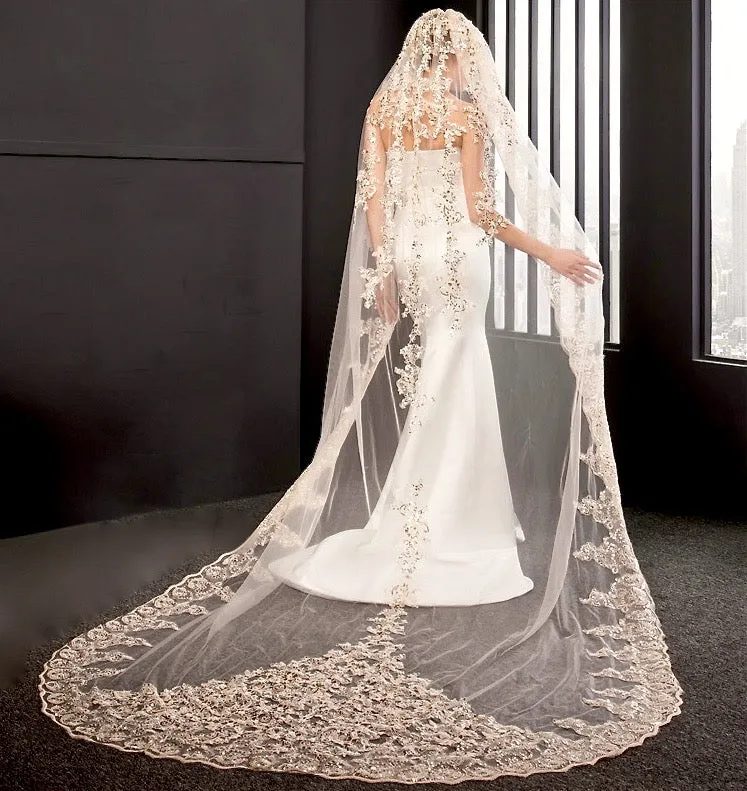 "Darya" - Lace Edge Cathedral Bridal Veil - Available in Champagne, White and Ivory