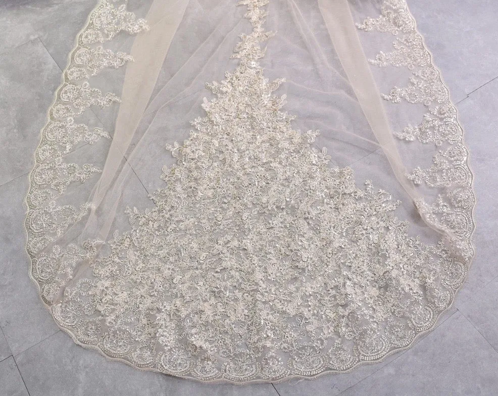 "Darya" - Lace Edge Cathedral Bridal Veil - Available in Champagne, White and Ivory