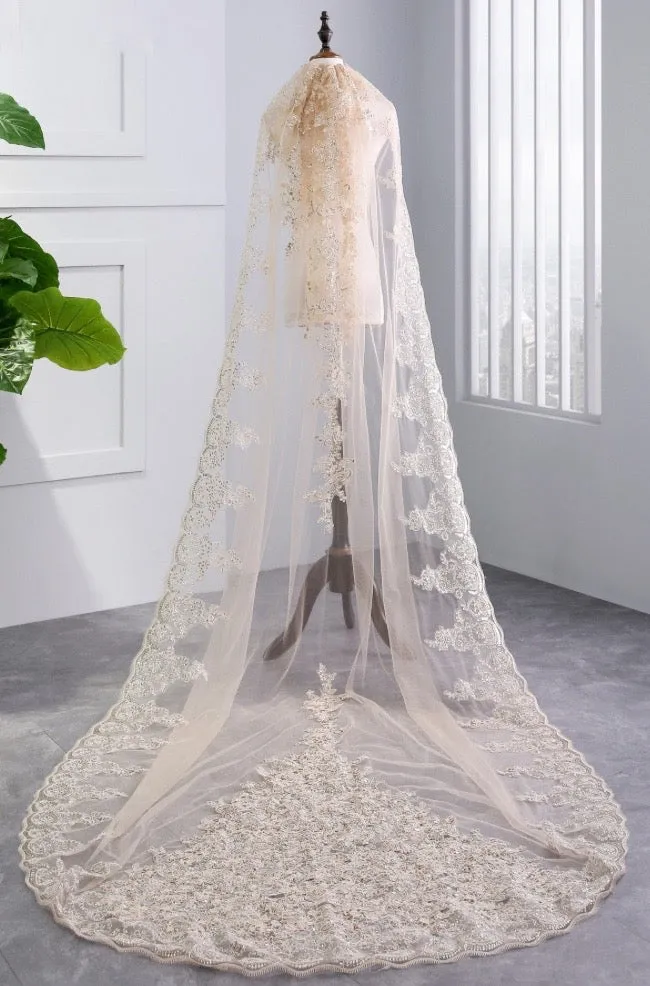 "Darya" - Lace Edge Cathedral Bridal Veil - Available in Champagne, White and Ivory