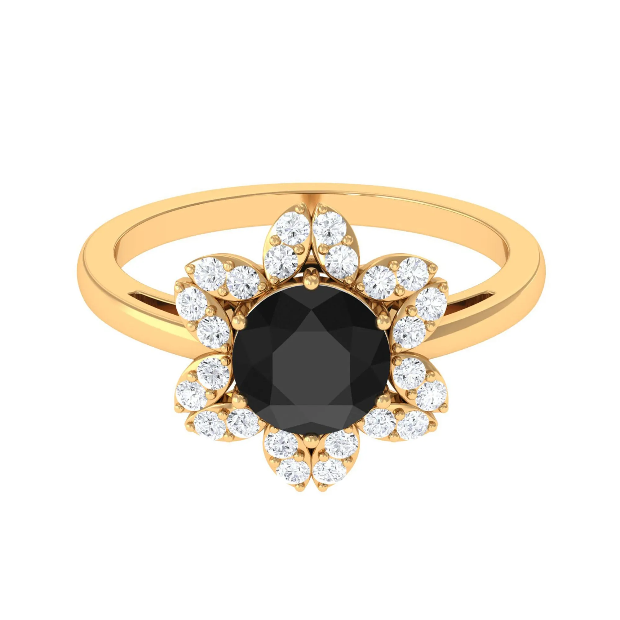Round Black Onyx Flower Engagement Ring with Diamond