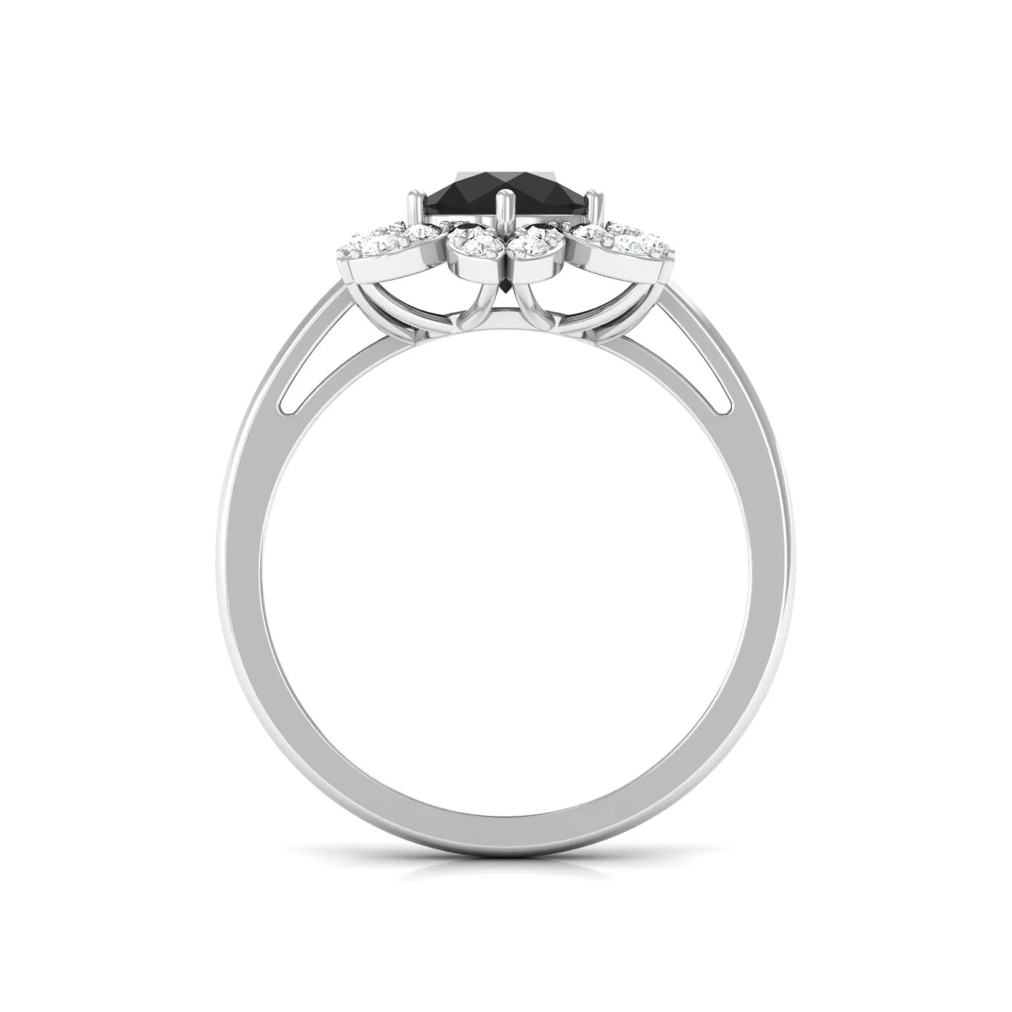 Round Black Onyx Flower Engagement Ring with Diamond