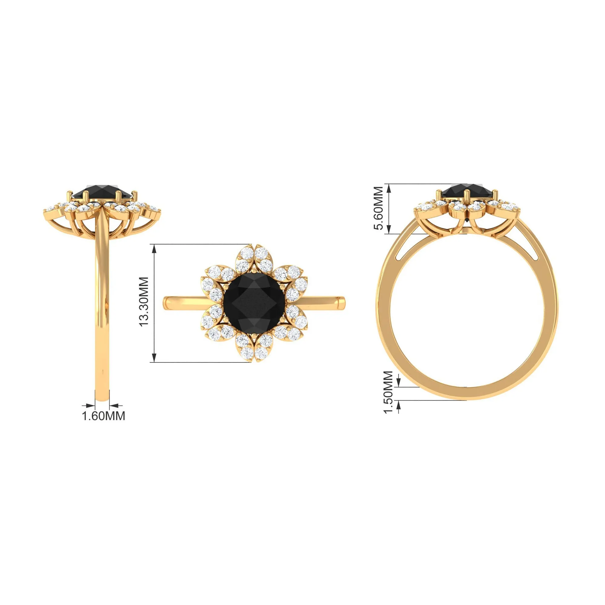 Round Black Onyx Flower Engagement Ring with Diamond