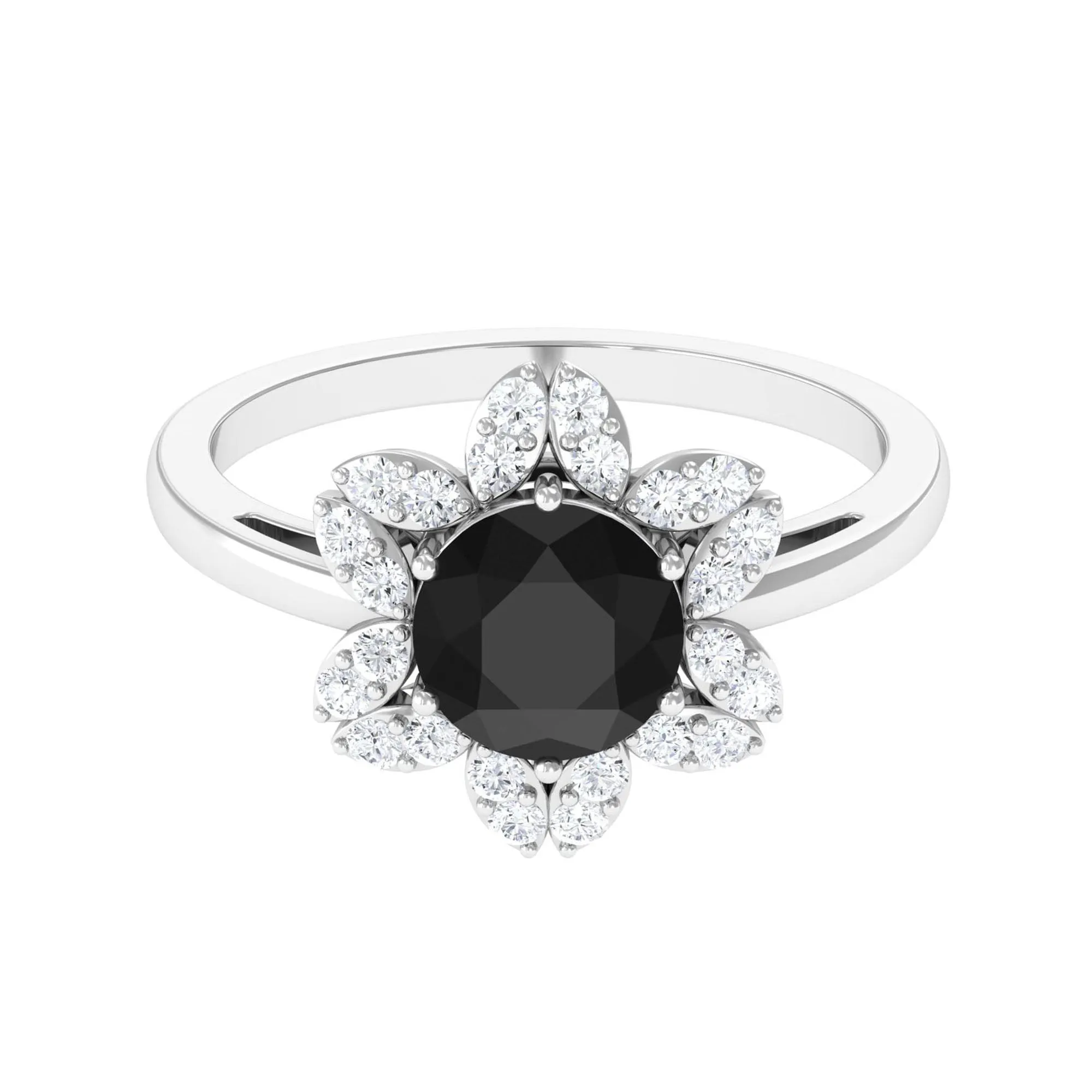 Round Black Onyx Flower Engagement Ring with Diamond