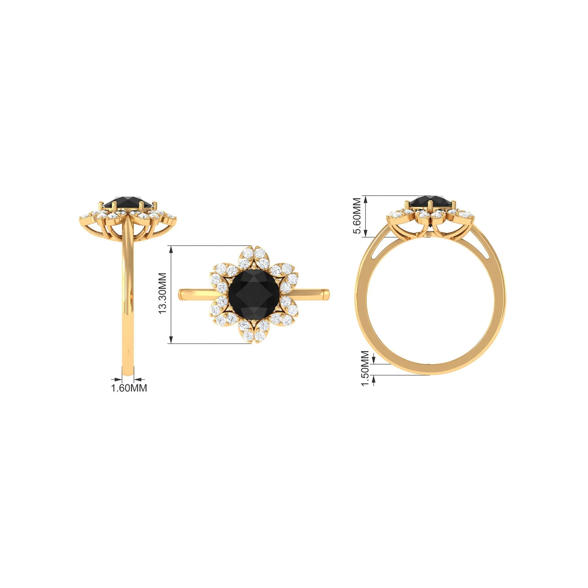 Round Black Onyx Flower Engagement Ring with Diamond