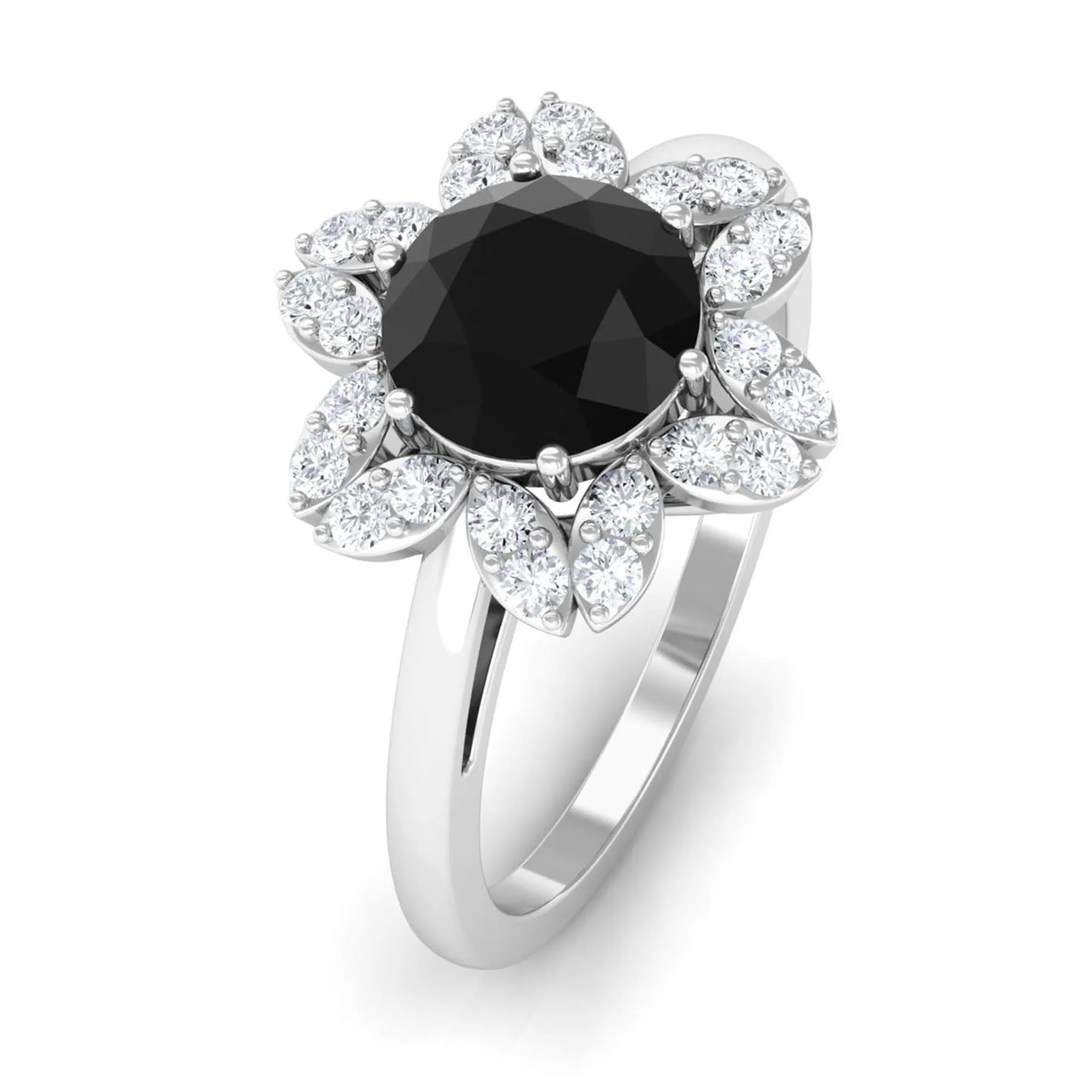 Round Black Onyx Flower Engagement Ring with Diamond