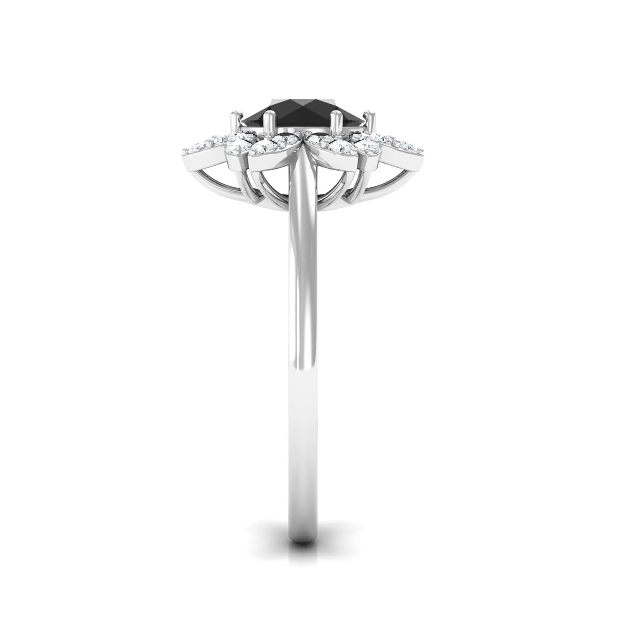 Round Black Onyx Flower Engagement Ring with Diamond