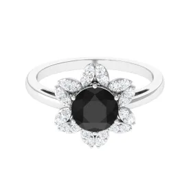 Round Black Onyx Flower Engagement Ring with Diamond