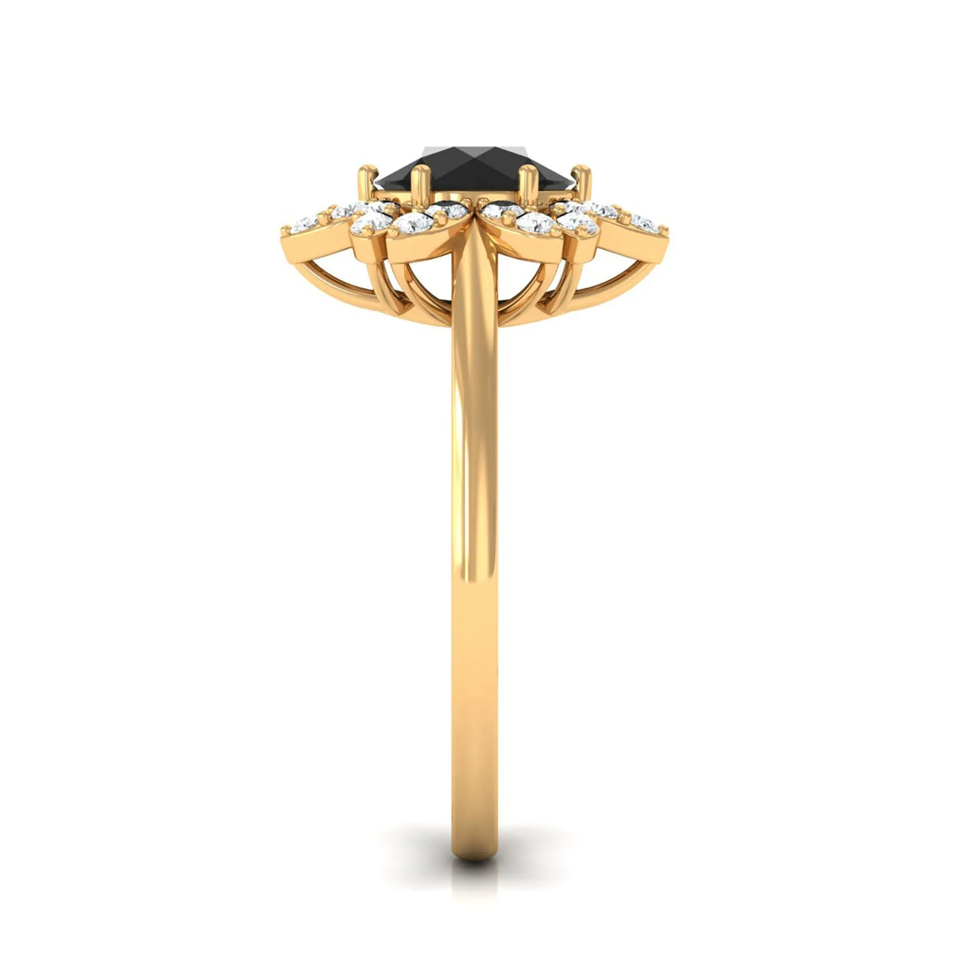Round Black Onyx Flower Engagement Ring with Diamond