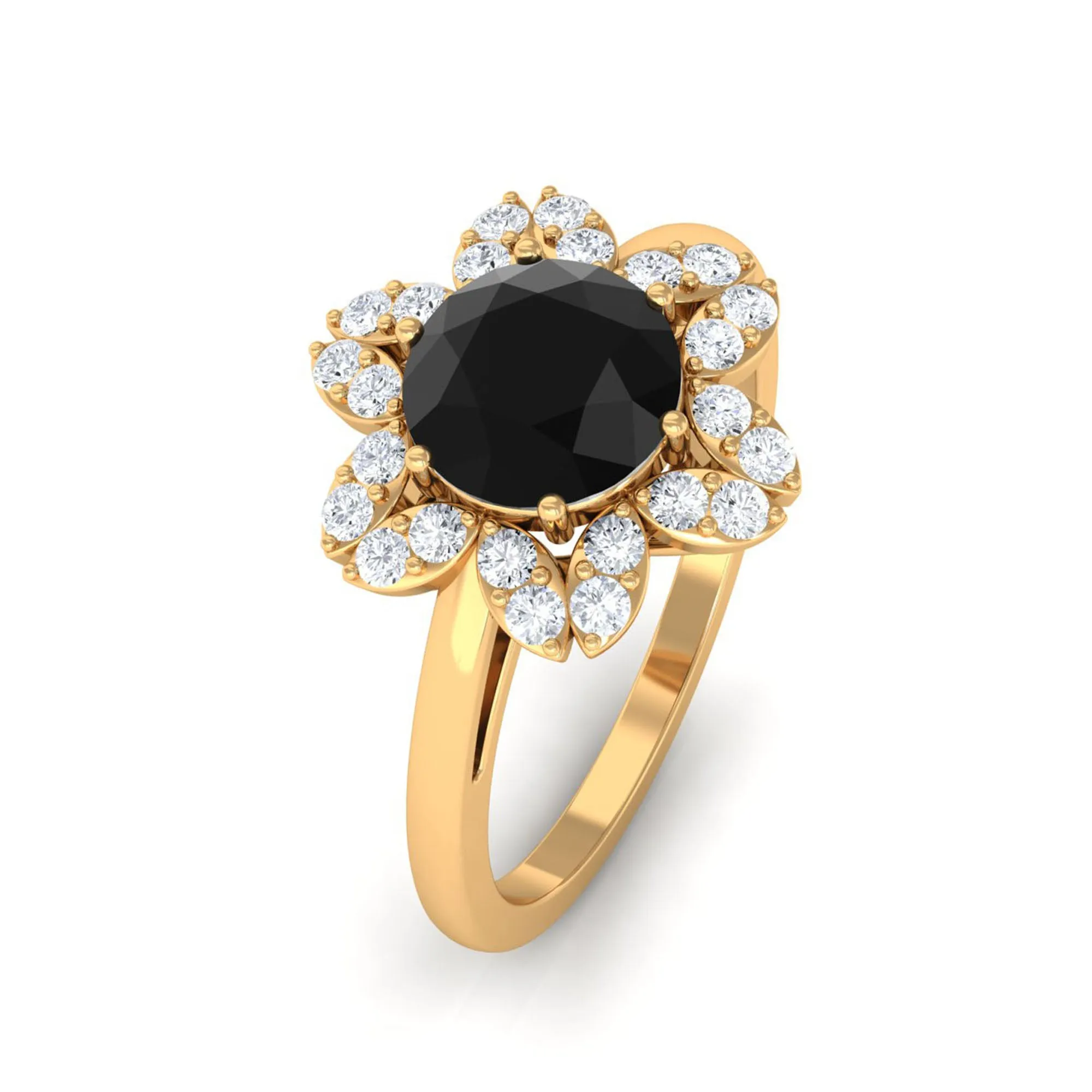 Round Black Onyx Flower Engagement Ring with Diamond