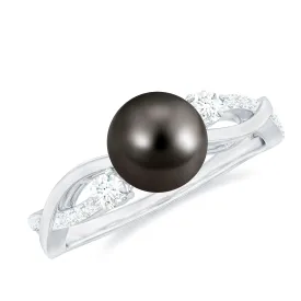 Tahitian Pearl and Diamond Crossover Engagement Ring