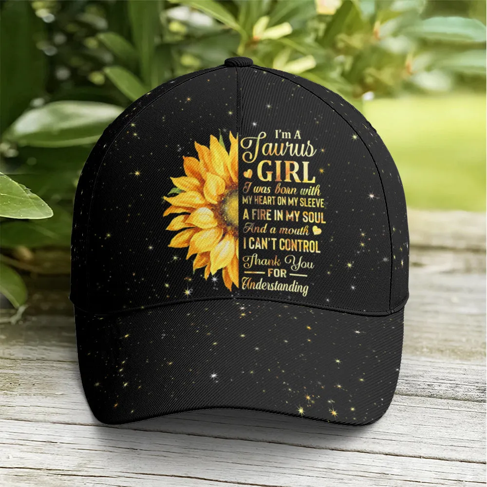 Taurus Girl Sunflower Glitter Black Baseball Cap Coolspod