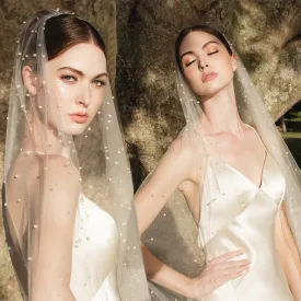 Tulle Pearl Beaded Bridal  Wedding Veil with Hair Comb Size Short Through Cathedral