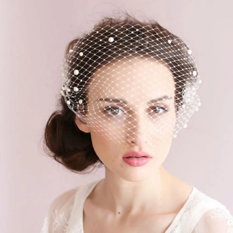 Vintage Ivory Mesh Birdcage Wedding Veils With Pearls WV026
