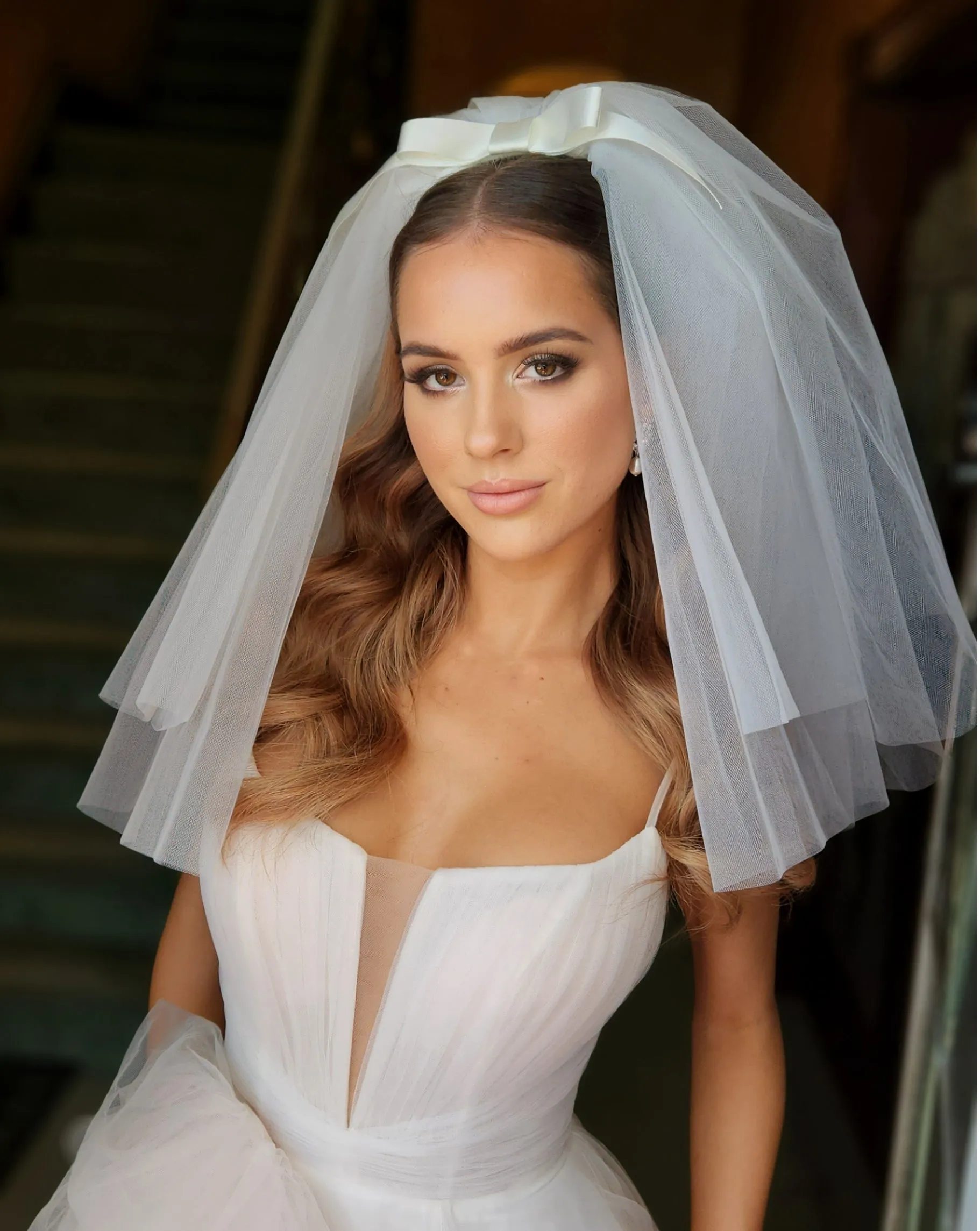 wedding veil - two full layer puff veil with detachable bow - Ariana at Kezani