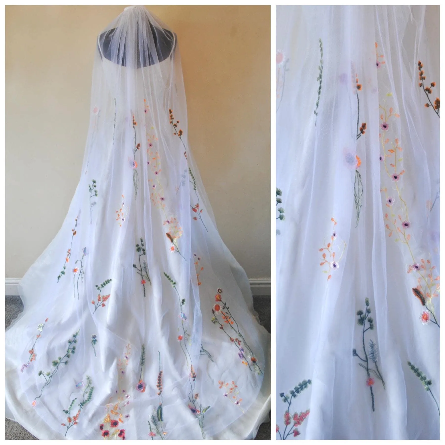White wedding veil bright embroidered flowers,  200cm