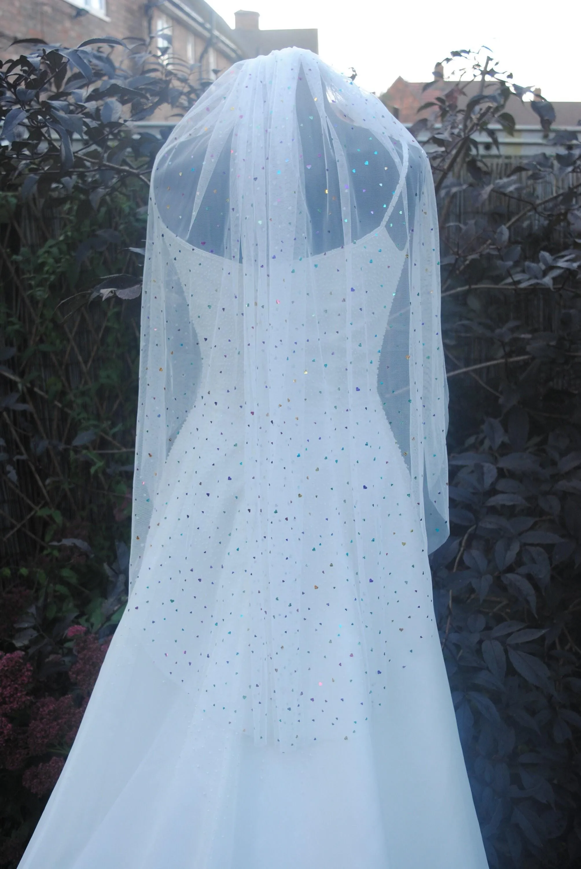 White Wedding Veil with Multicoloured Hearts