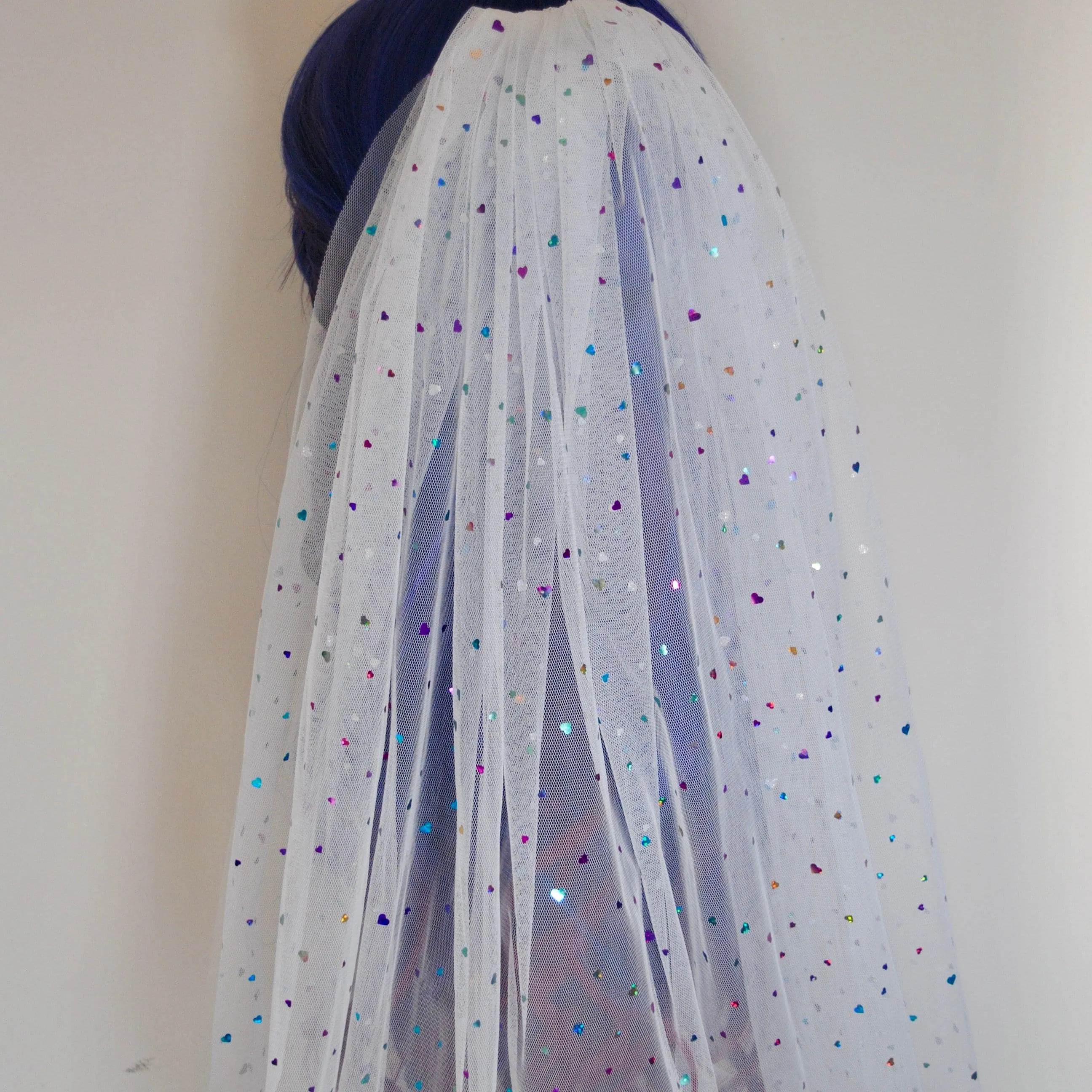 White Wedding Veil with Multicoloured Hearts