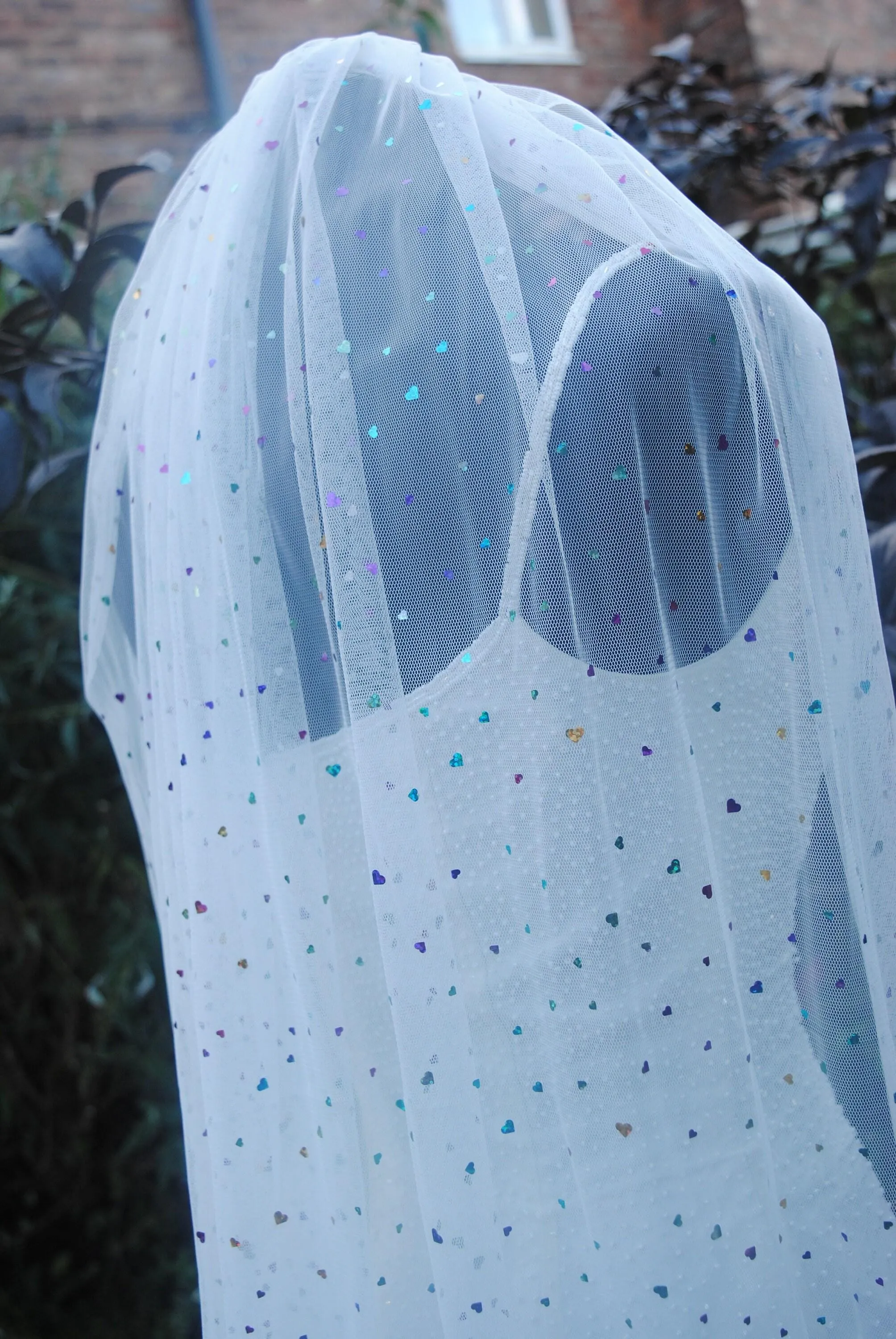 White Wedding Veil with Multicoloured Hearts