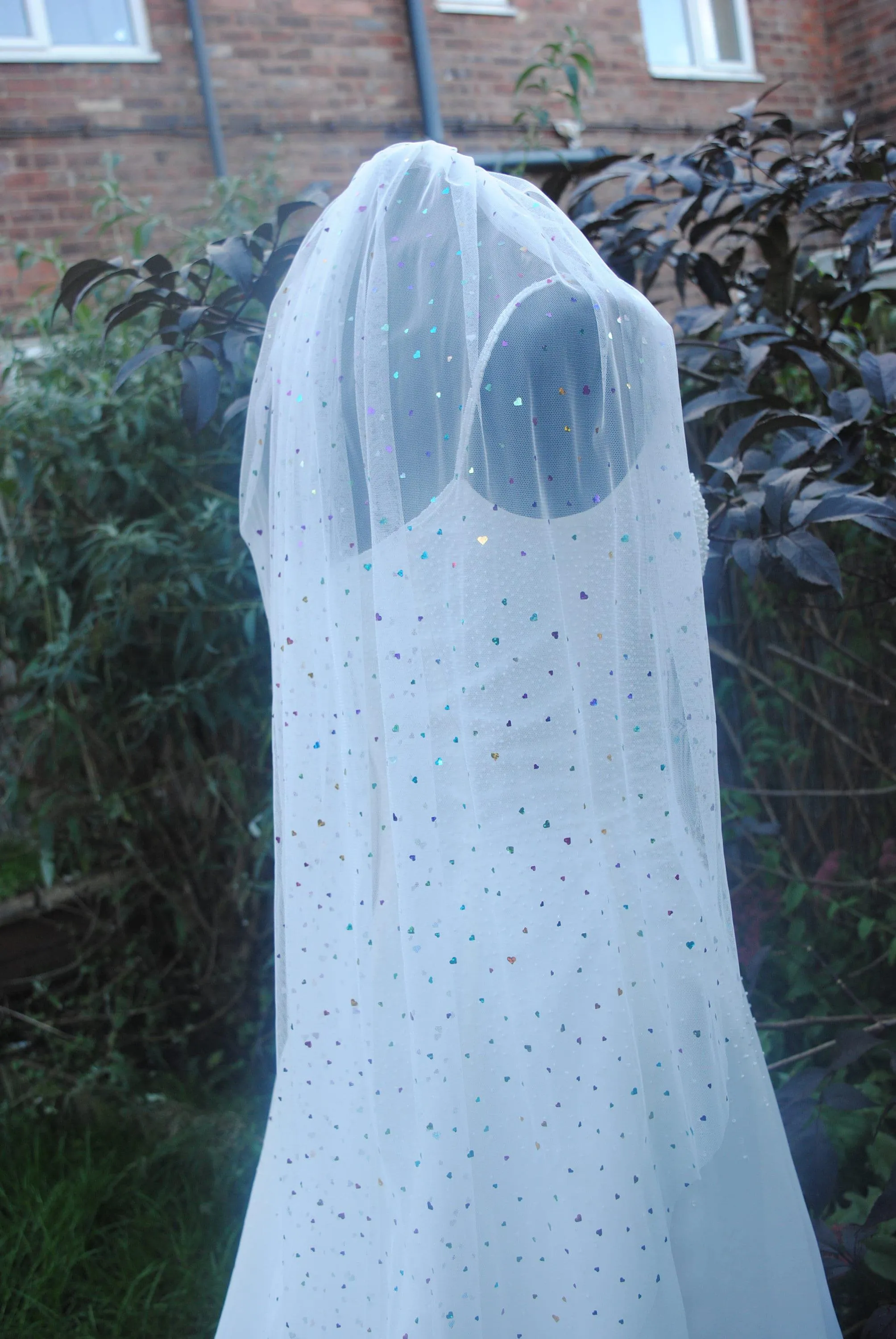 White Wedding Veil with Multicoloured Hearts