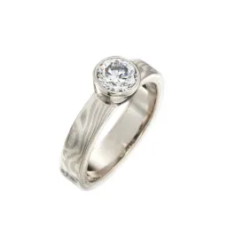 Woodgrain Pattern Mokume Gane Solitaire Diamond Engagement Ring