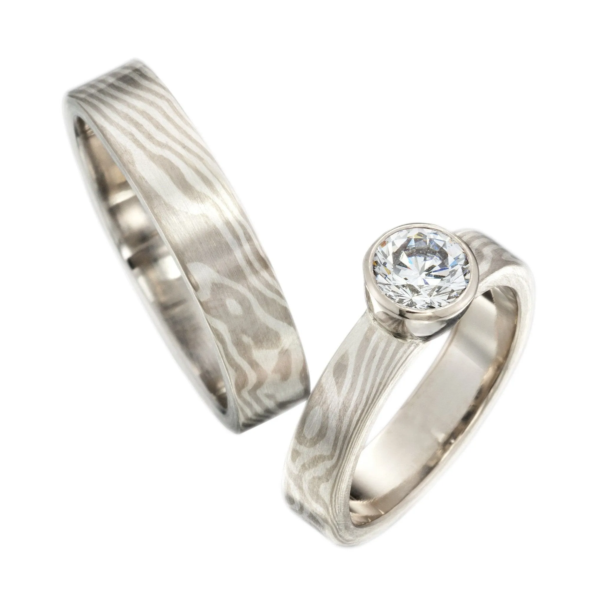 Woodgrain Pattern Mokume Gane Solitaire Diamond Engagement Ring